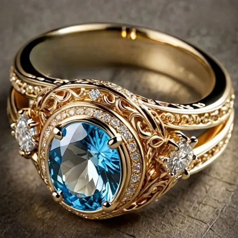 Golden Ring Princess Cut Blue Synthetic Zirconia Halo Settings/ Floral Motifs 13